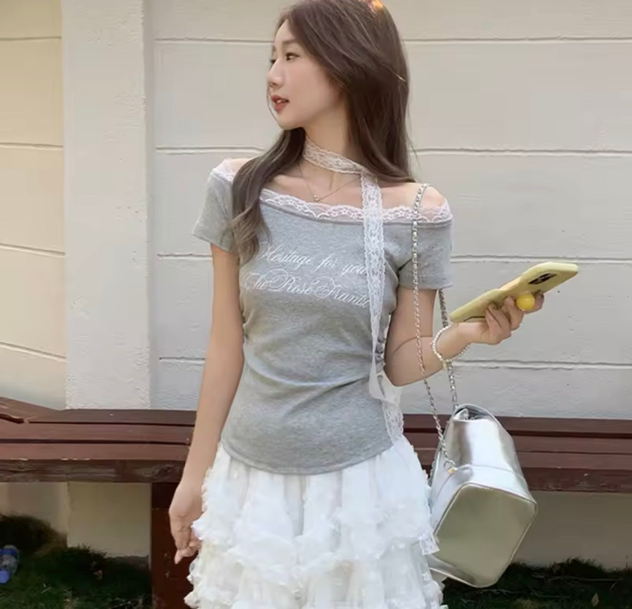 Y2K Lace Off-Shoulder Slim Fit Tee – Korean Letter Print