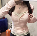Y2K Off-Shoulder Lace Tee – Korean Letter Print Slim Fit