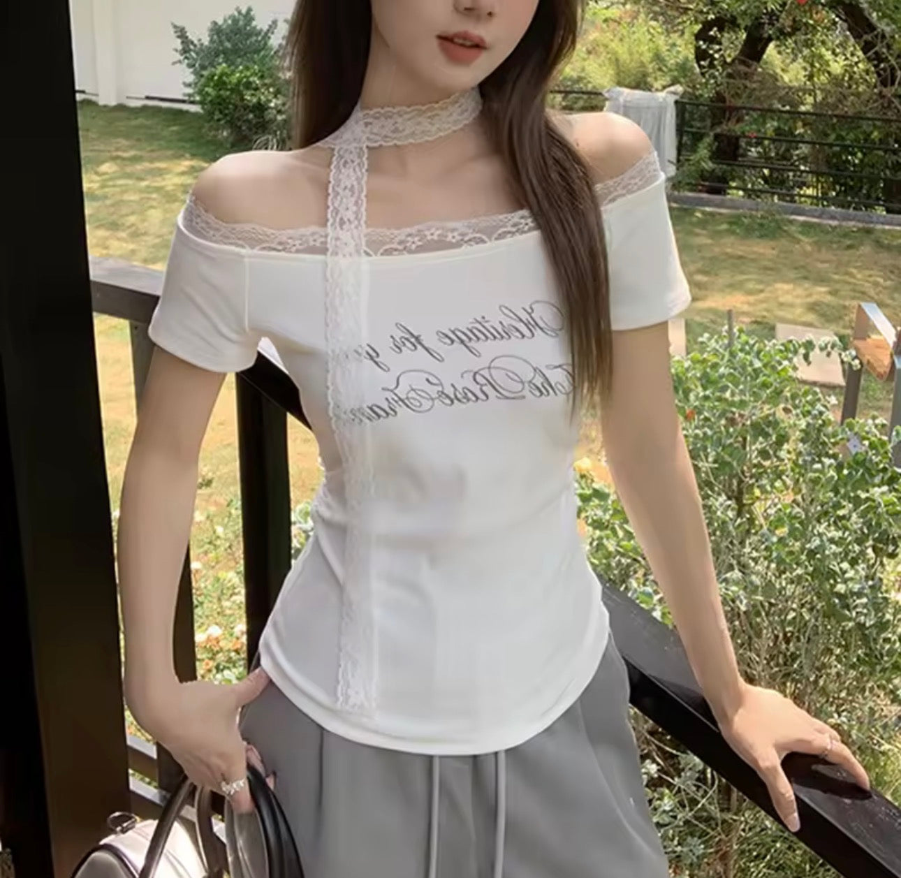 Y2K Lace Off-Shoulder Slim Fit Tee – Korean Letter Print