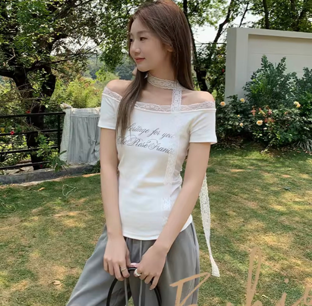 Y2K Lace Off-Shoulder Slim Fit Tee – Korean Letter Print