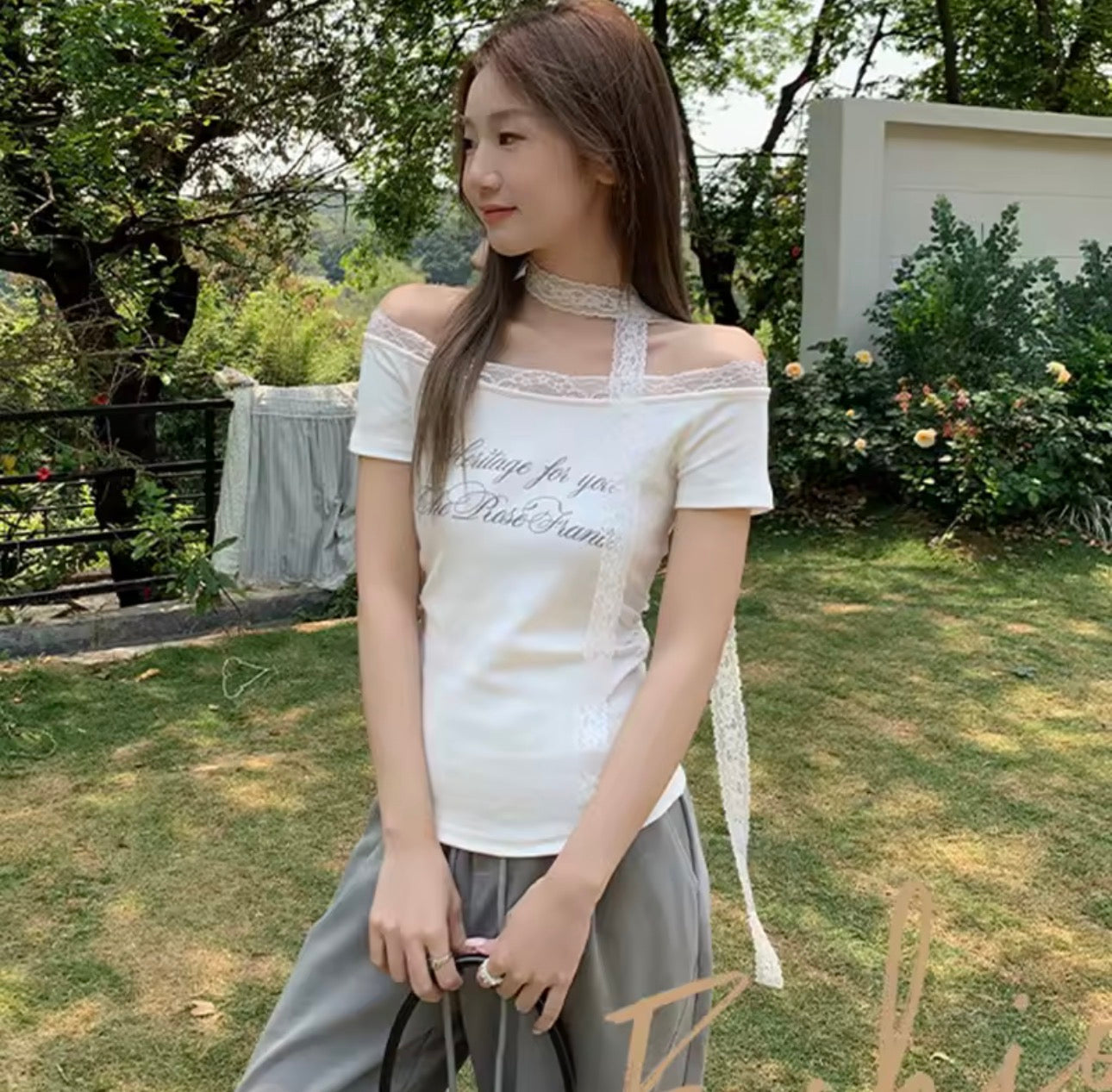 Y2K Lace Off-Shoulder Slim Fit Tee – Korean Letter Print